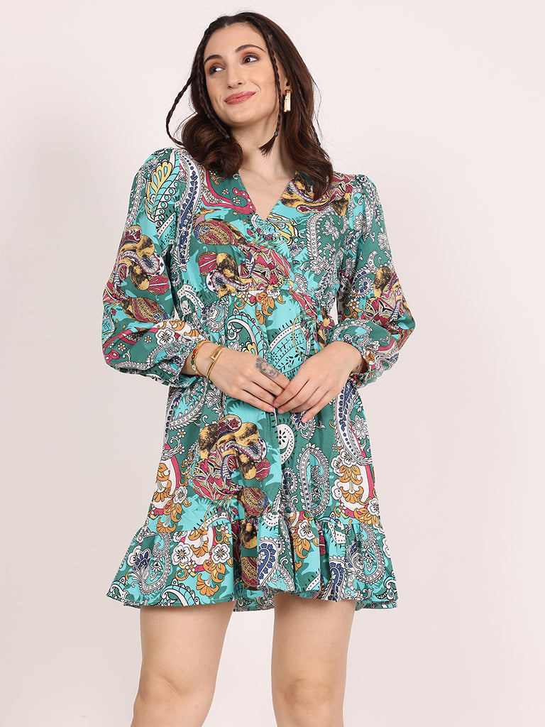 Helen Paisley Print Short Dress (Green)