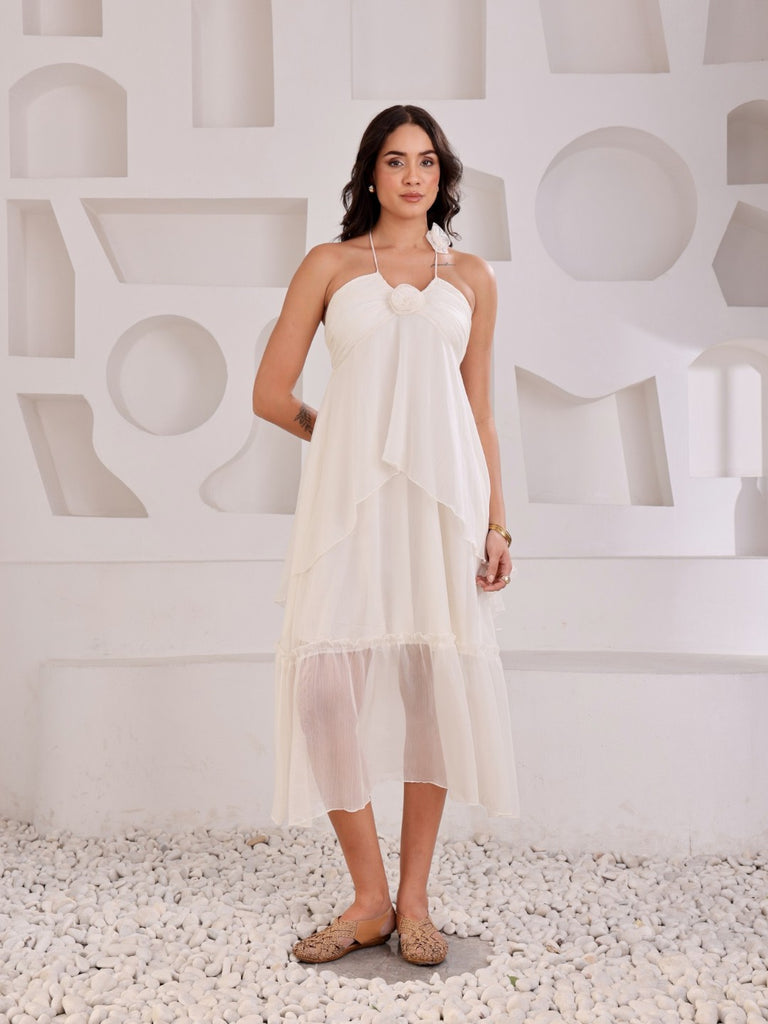 Halter Neck Rose Ruffel Dress
