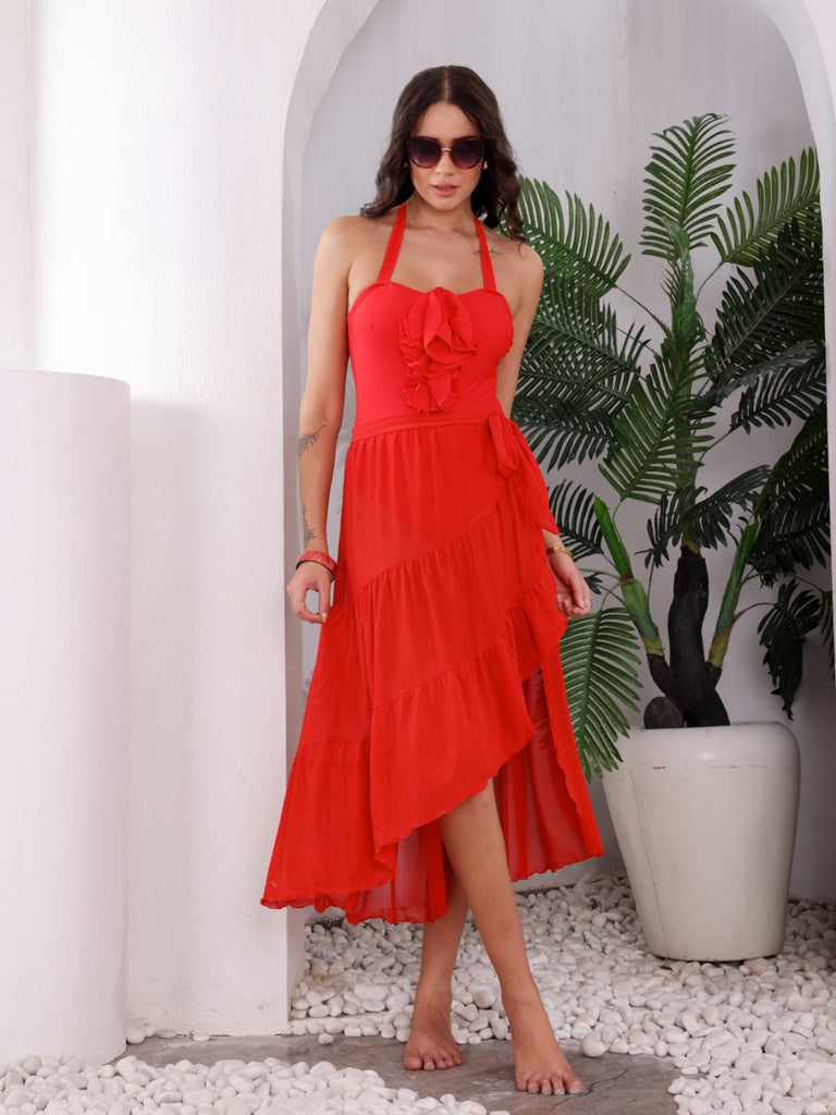 Swim Bodysuit With Tieup Skirt