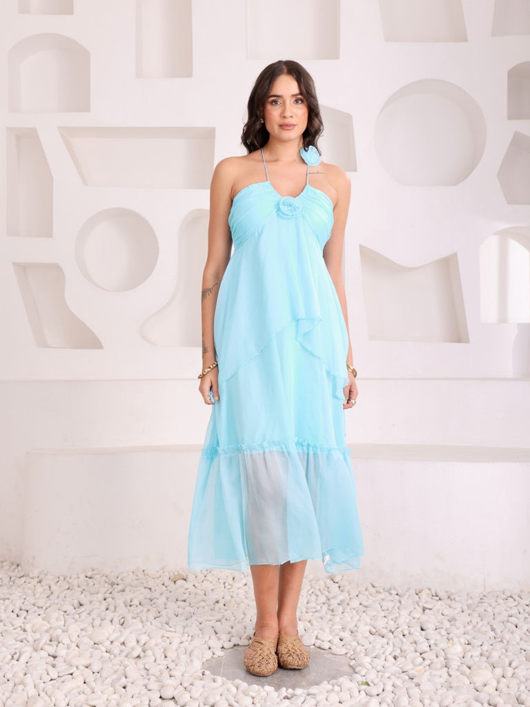 Halter Neck Rose Ruffel Dress