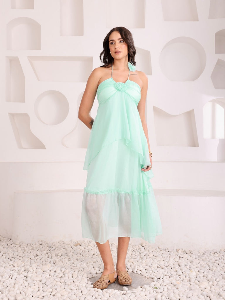 Halter Neck Rose Ruffel Dress