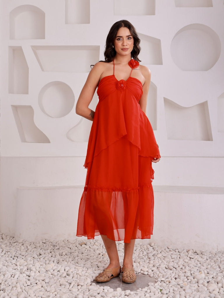 Halter Neck Rose Ruffel Dress