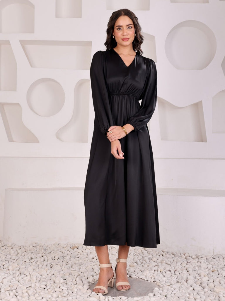 Satin Empire Flared Midi Dress
