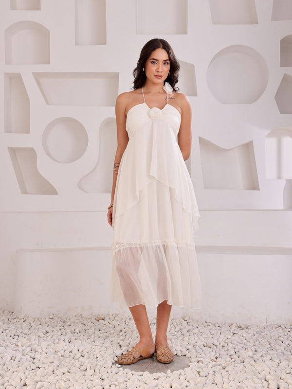 Halter Neck Rose Ruffel Dress