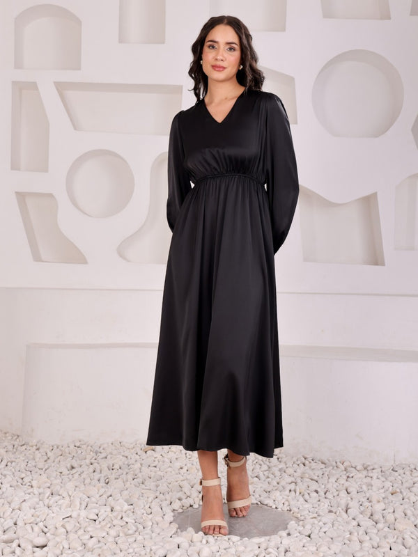Satin Empire Flared Midi Dress