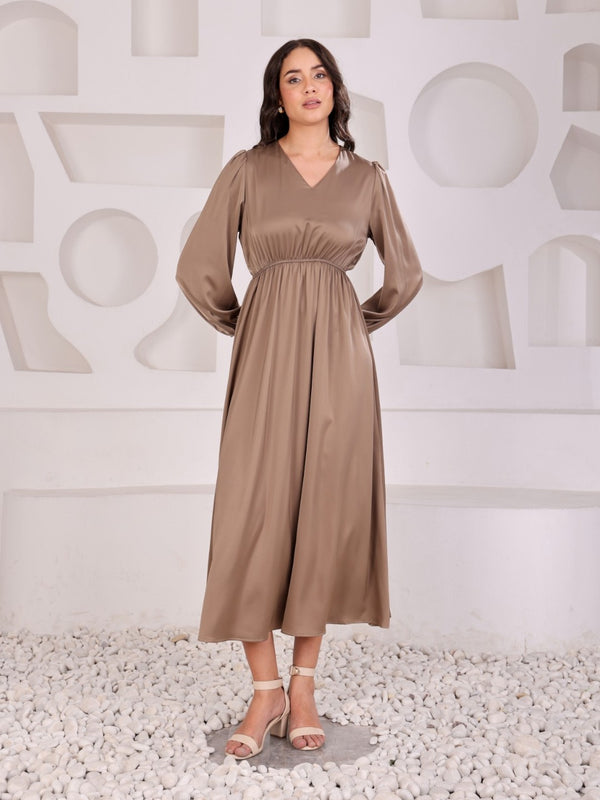 Satin Empire Flared Midi Dress