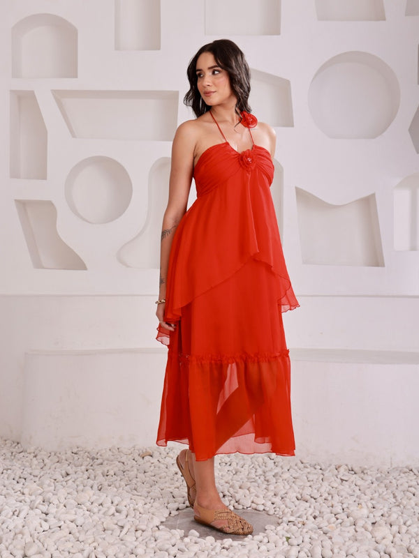 Halter Neck Rose Ruffel Dress