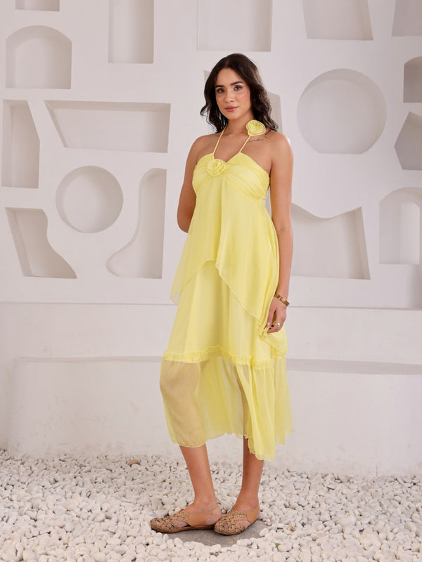 Halter Neck Rose Ruffel Dress