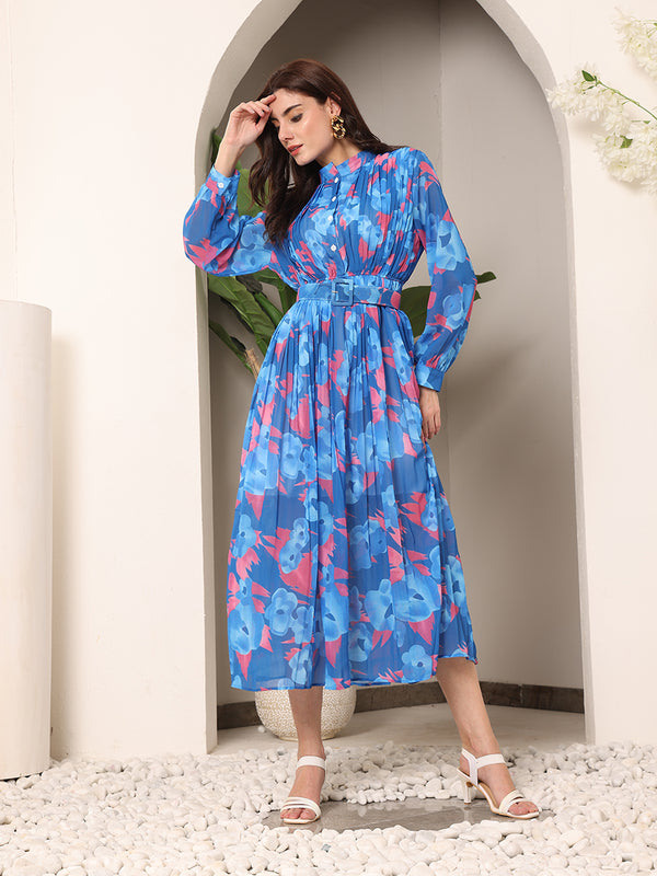 Floral Sheer Crepe Printed Dress with Belt