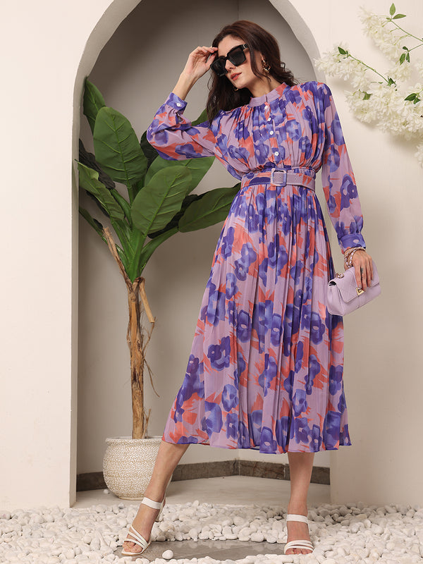 Floral Sheer Crepe Printed Dress with Belt