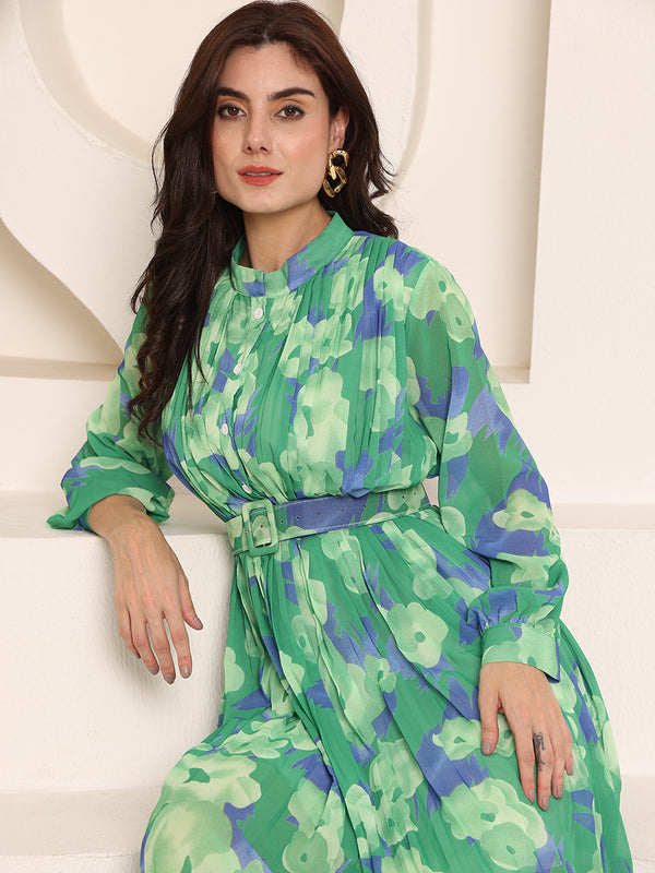 Floral Sheer Crepe Printed Dress with Belt