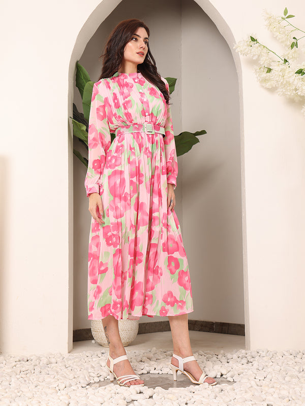 Floral Sheer Crepe Printed Dress with Belt