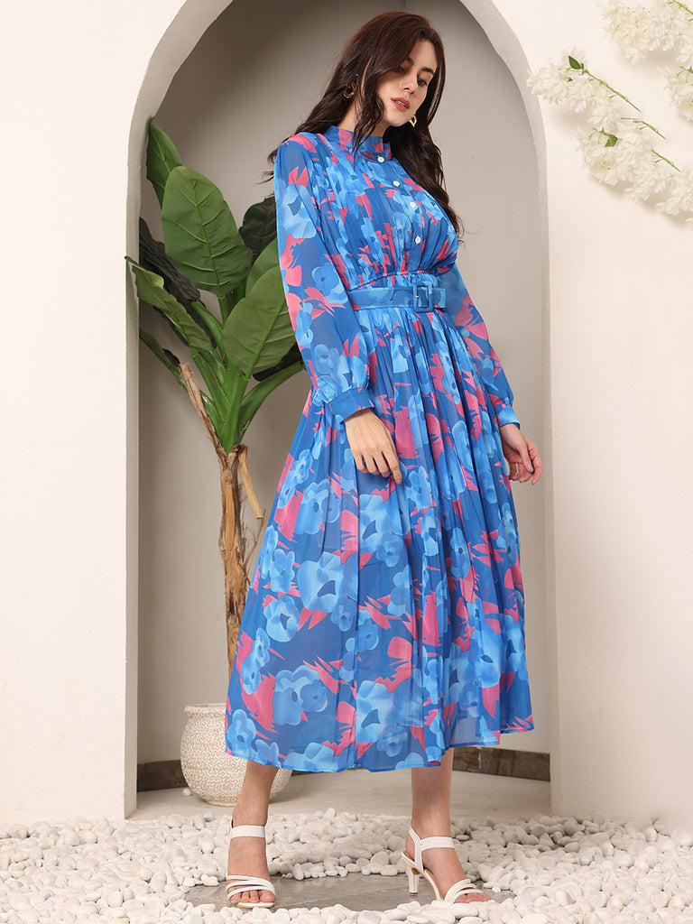Floral Sheer Crepe Printed Dress with Belt